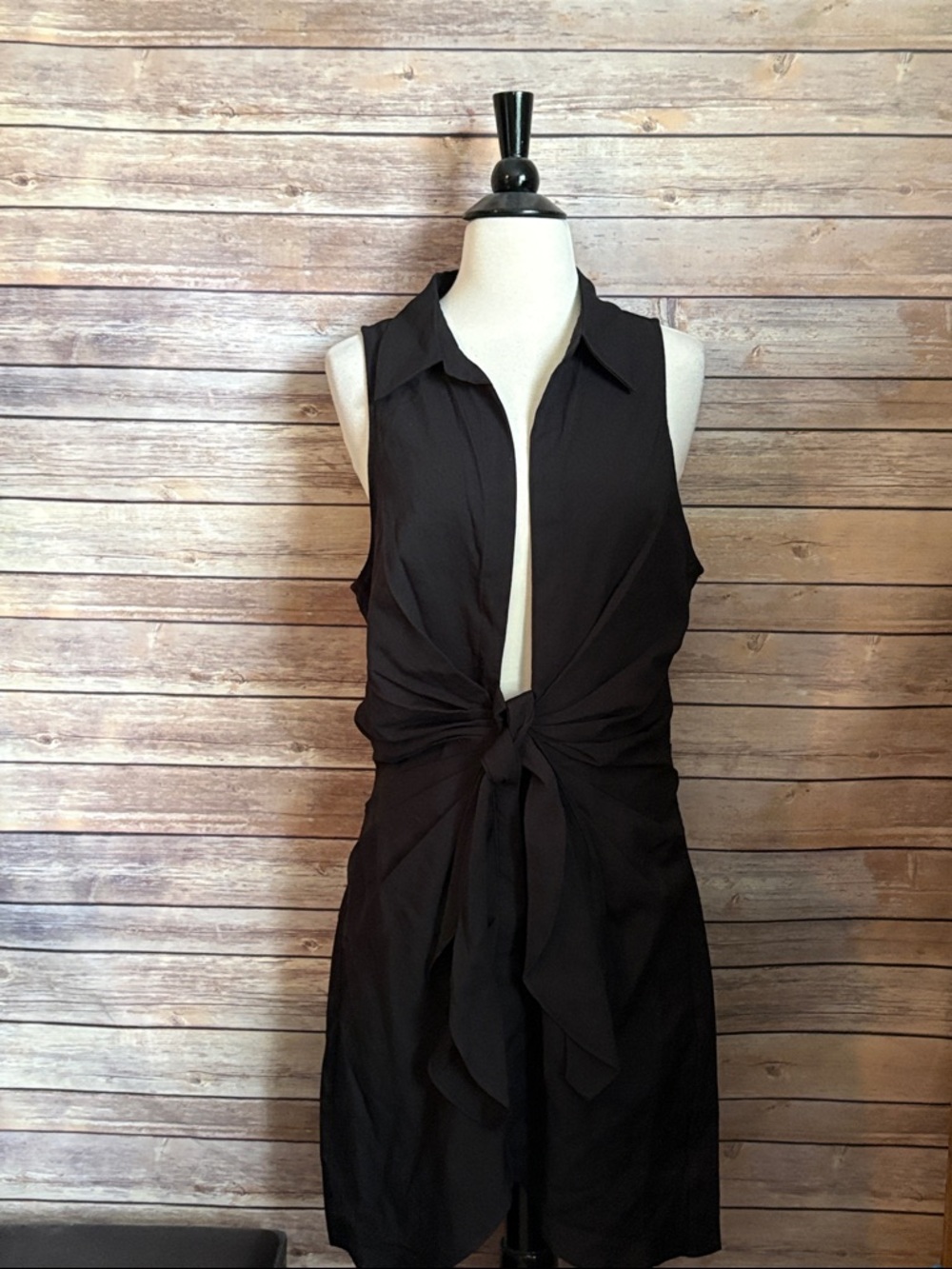 Sleeveless Black Tie-Front Dress